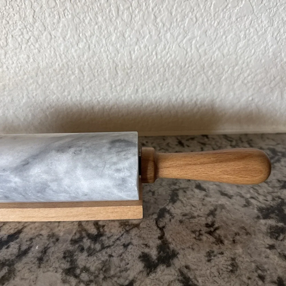 Vtg Marble Rolling Pin White & Gray With Wooden Handles & Base Stand Heavy